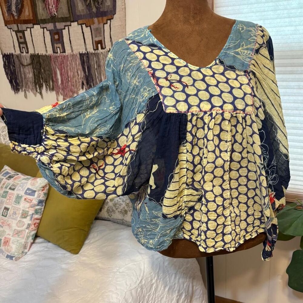 Dolma 100% Cotton Patchwork Festival Fairy Boho Lightweight Travel Blouse Top